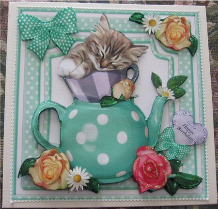 Cute Kitten in Teacup with Bow and Roses 8x8 by Wendy De Winter