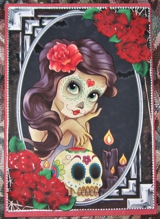 Sugar Skulls Card Front with Roses by Wendy De Winter