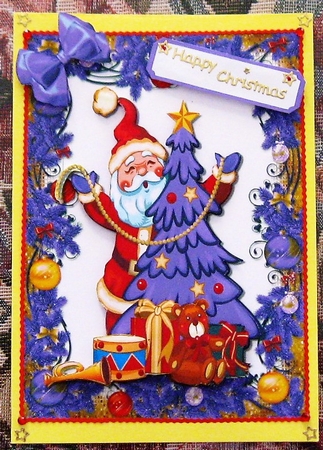 Santa with Christmas Tree and Toys in Purple Christmas Frame by Wendy De Winter