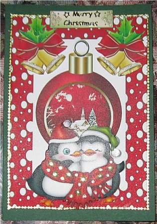 Cuddle Penguins with Bauble and Bows in Snow Frame by Wendy De Winter