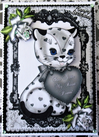 You Make My Heart Purrrrrrrrr! Kitty with Silver Roses by Wendy De Winter