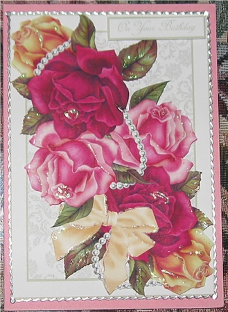 Roses, Pearls and Bow Birthday & Anniversary A5 Card Front by Wendy De Winter