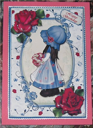Girl with Flowers in Blue Card Front by Wendy De Winter