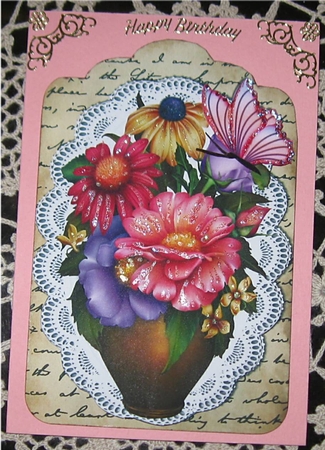 Pretty Bouquet of mixed summer flowers in a vase on lace 8x8 by Wendy De Winter