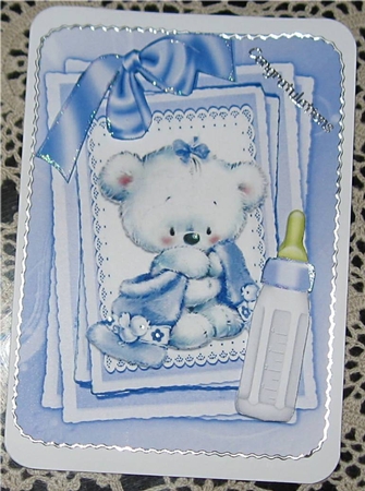 Cute little white bear with lilac bow and  bottle on stacker and lace by Wendy De Winter