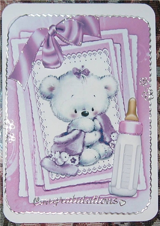 Cute little white bear with pink bow and  bottle on stacker and lace by Wendy De Winter