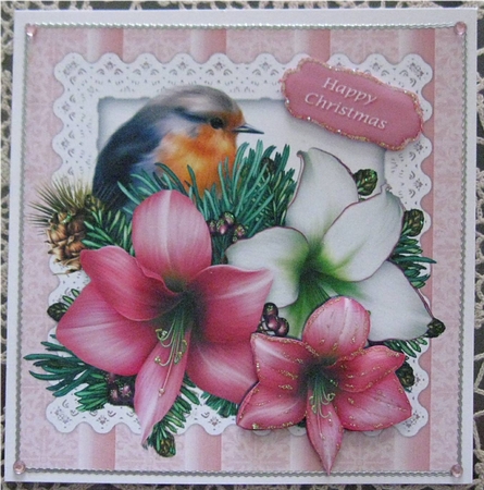 festive Amaryllis with lace and robin 8x8 by Wendy De Winter