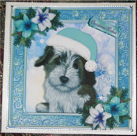 Adorable Fluffy Brown Dog With Blue Santa Hat 8x8 by Wendy De Winter