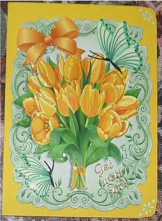 pretty yellow tulips with green butterflies and yellow bow by Wendy De Winter