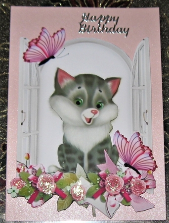 cute kitty in the window with flowers and butterflies by Wendy De Winter