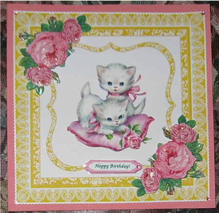 Vintage Kitties with Pink Vintage roses and Pillow in Yellow Frame by Wendy De Winter