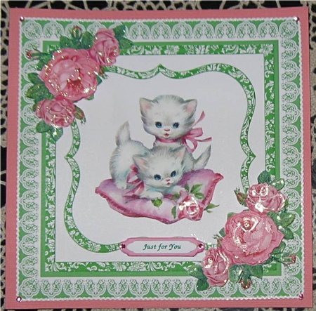 Vintage Kitties with Pink Vintage roses and Pillow in Green Frame by Wendy De Winter