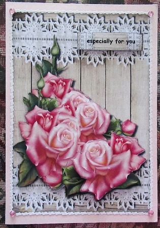 PInk Roses, Wood & Lace Quick card by Wendy De Winter