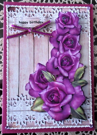 Purple  Roses, Wood & lace Quick Card by Wendy De Winter