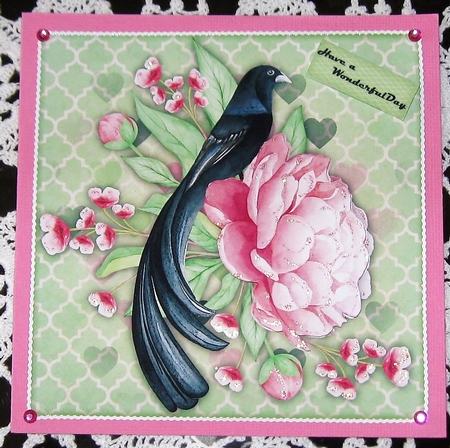 Oriental Bird & peonies card Topper by Wendy De Winter