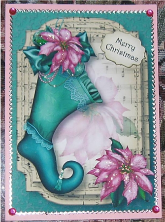 Victorian Christmas Stocking - Teal & Pink A5 by Wendy De Winter
