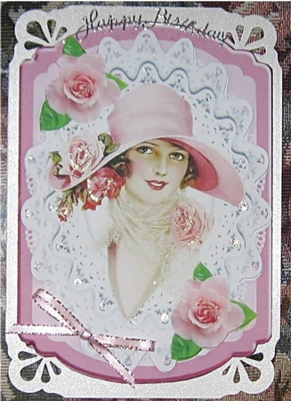 pretty in pink elegant lady with roses bracket cut & fold A5 by Wendy De Winter