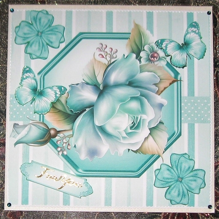 pretty turq roses in stripe/polkadot frame with bows and butterflies 8x8 by Wendy De Winter