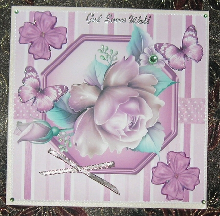 pretty pink roses in stripe/polkadot frame with bows and butterflies 8x8 by Wendy De Winter