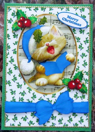 Cute kitty singing christmas carols with blue bow A5 by Wendy De Winter