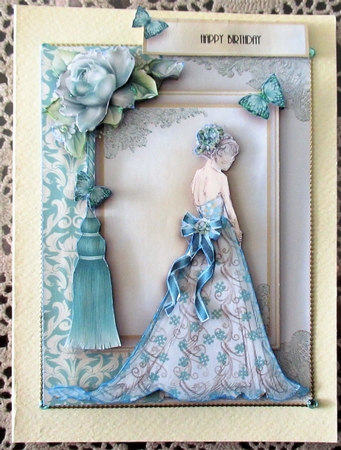 The Blue Lace Dress A5 card front  by Wendy De Winter