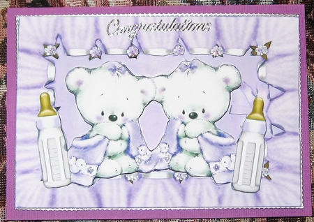 Congratulations twins (lilac)! cute baby bears with snuggle blankets A4 by Wendy De Winter