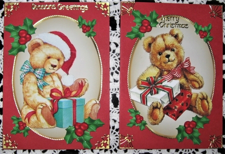 two lovely vintage teddies with presents topper/card fronts by Wendy De Winter