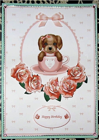 Peach A5 pup in a cup card front by Wendy De Winter