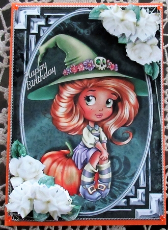 Adorable Little Witch Card Front With Roses by Wendy De Winter