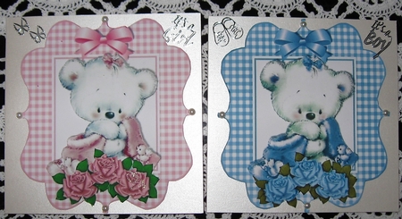 4 Cute little white teddy bears in pink/blue toppers mini kit by Wendy De Winter