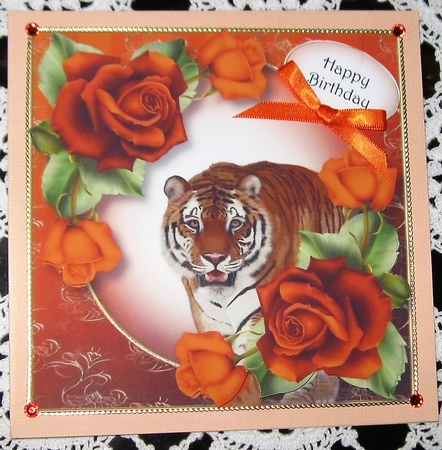 Siberian Tiger & Orange Roses 8x8 by Wendy De Winter