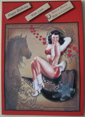 Cowboy Ride Pinup Card Topper with Decoupage by Wendy De Winter