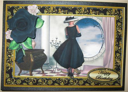 Elegant Lady in Black Gazing Through Window Card Front by Wendy De Winter