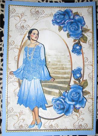 Blue Glitter Rose and Dress Card and Decoupage by Wendy De Winter