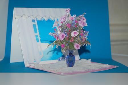Vase of Pink & Blue Flowers in the Window 3D Decoupage Easel by Wendy Foden