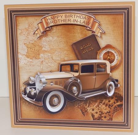 Vintage Gold Car and Compass Decoupage 8in x 8in Decoupage by Wendy Ford