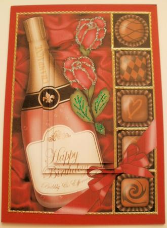 A5 Birthday Champers Chocs N Roses Pyramage Topper by Wendy Smith