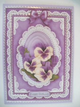 A5 Pansy, Lace and Pearls Quick Card with Pyramage by Wendy Smith