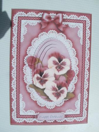 A5 Pansy, Lace and Pearls Quick Card with Pyramage by Wendy Smith