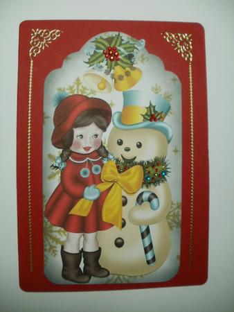 Snowman with Little Girl and Bells on a Tag by Wendy Smith