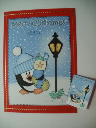 Christmas Stocking Penguin Lamp Post 5x7 3D Decoupage by Wendy Smith