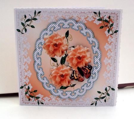 Peach Flowers and Butterfly on Lace by Wendy Freeman