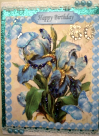 Blue Pearls, Blue Butterflies ,Blue Irisis 8x8 by Wynona Oneil