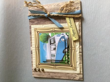 L/Blue Campervan in the meadows in ornate 7x7 frame with pyramids by Wynona Oneil