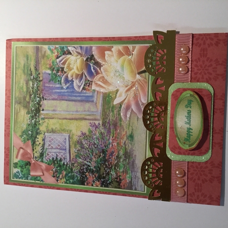 Pretty garden of flowers with lotus flowers  and peach bow 8x8 by Wynona Oneil