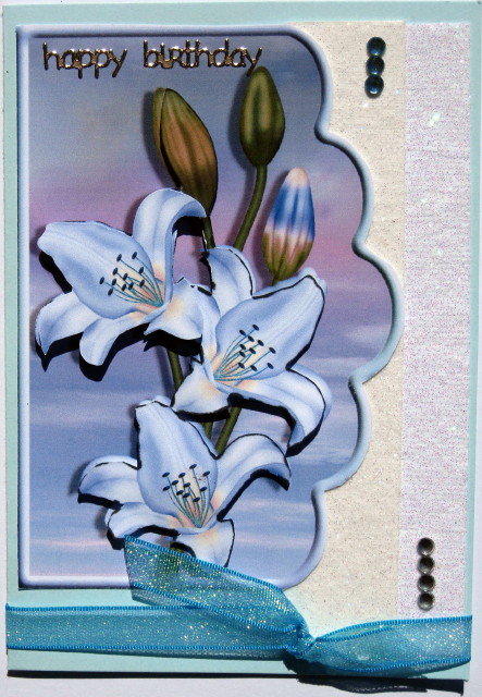 Blue Lilies Scallope Edge Curve Card by Wynona Oneil