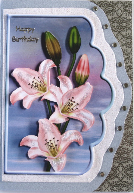 Pink Lilies Scallope Edge Curve Card by Wynona Oneil