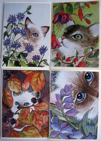 Original Watercolour of Cat and Cornflowers by Wynona Oneil