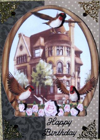Old House with Rose and Bird Decoupage in Oval Window by Wynona Oneil