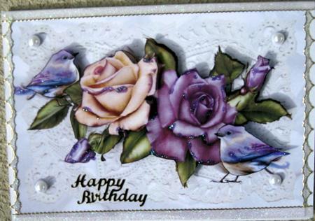 Roses on Ecru Lace with Little Birds by Wynona Oneil